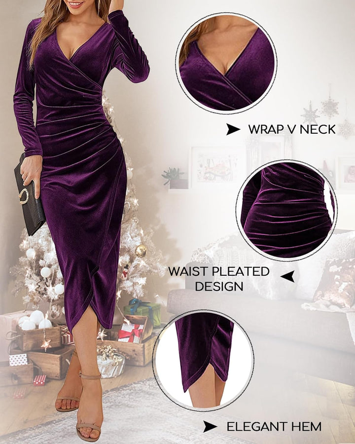 Yutdeng Winterkleid Damen Elegant Samtkleid Lang Abendkleid V-Ausschnitt Partykleid Bodycon Cocktail