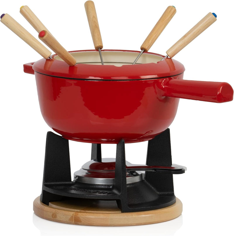 Mahlzeit Gusseisen Fondue Set für 6 Personen | 2 Liter | Fondueset 13 teilig mit Brenner und Gabeln