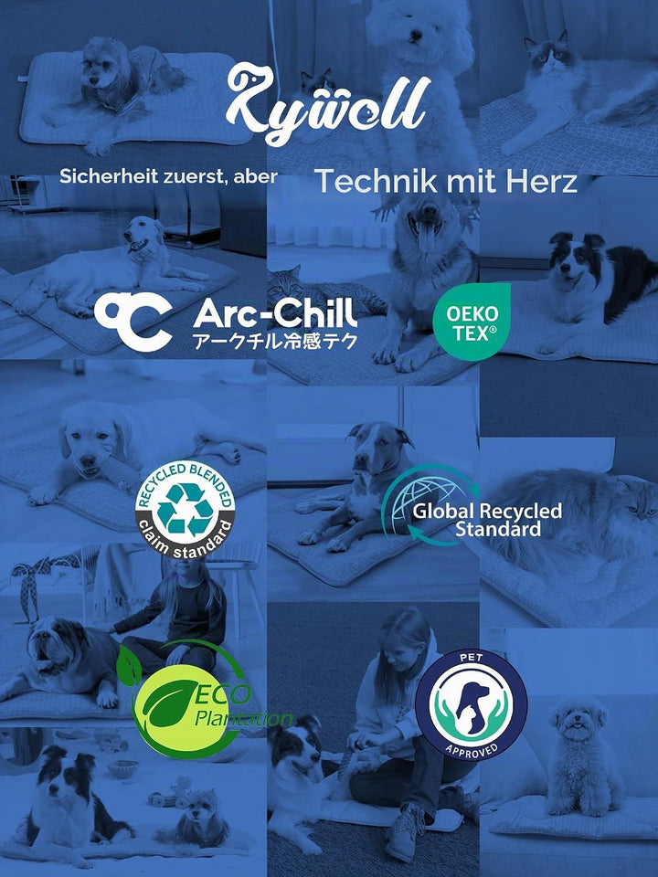 Rywell Kühlmatte Hund 90x70 cm, 3 cm Extra Dick &amp; Gelenkschonend, Farbwechsel-Selbstkühlend mit Arc-