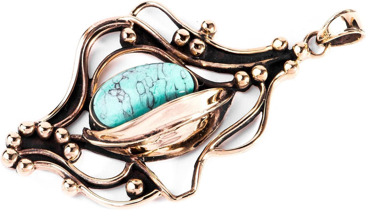 Windalf Grosser Bohemian Schmuck Anhänger ISIRA 6.5 cm Türkis Zauberblatt Bronze