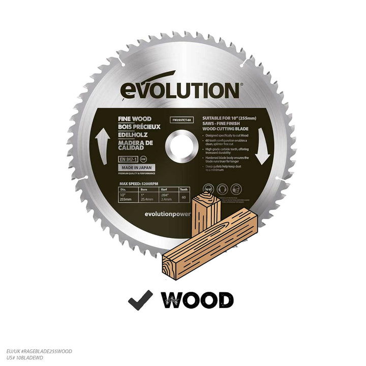 Evolution FW255TCT-60 - 255 mm feines Holzsägeblatt - Hartmetallbestücktes Sägeblatt mit 60 Zähnen l