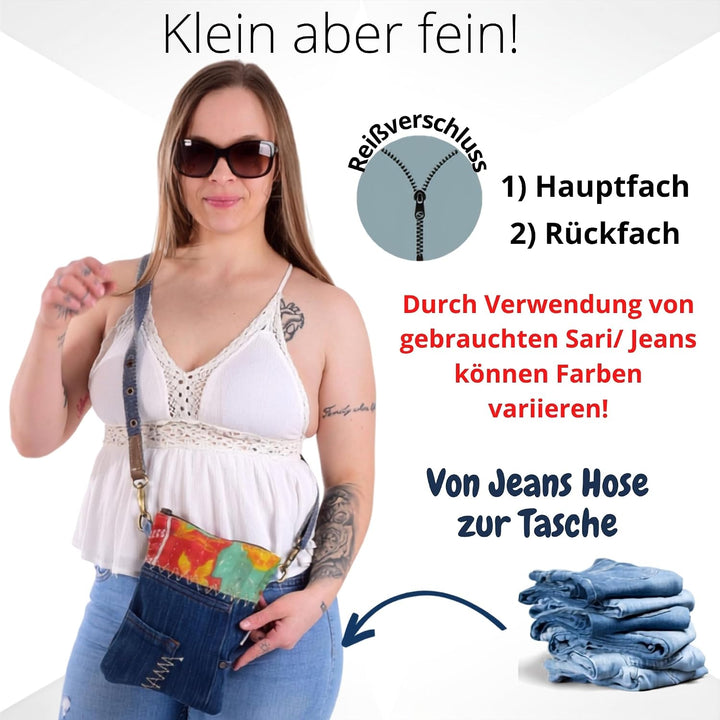 Sunsa Kleine Damen Umhängetasche. Crossbody aus Recycelte Jeans &amp; Baumwolle | Mini Nachhaltige Jeans