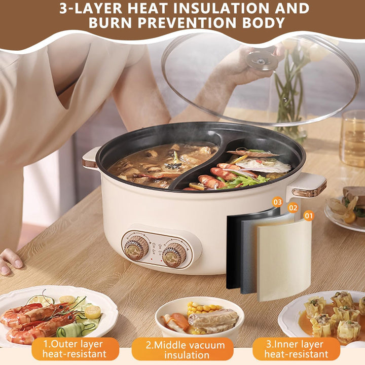 Hot Pot Elektrisch, 5.5L Doppelter Topf mit Zwei Reglern, 1600W Elektrischer Kochtopf mit Trennwand