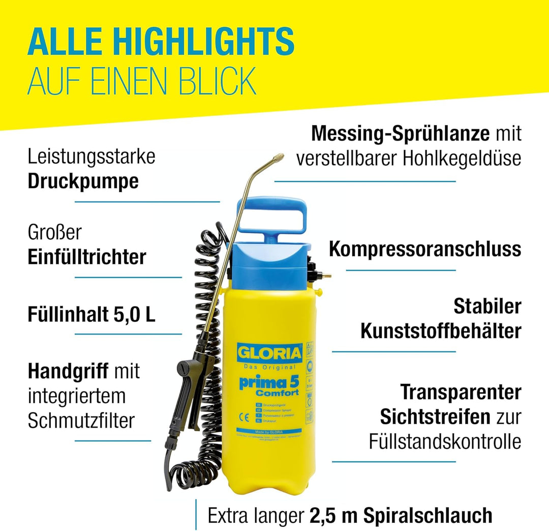 GLORIA Drucksprüher prima 5 Comfort | 5 L Gartenspritze/Drucksprühgerät | Komfortable Ausstattung: 2