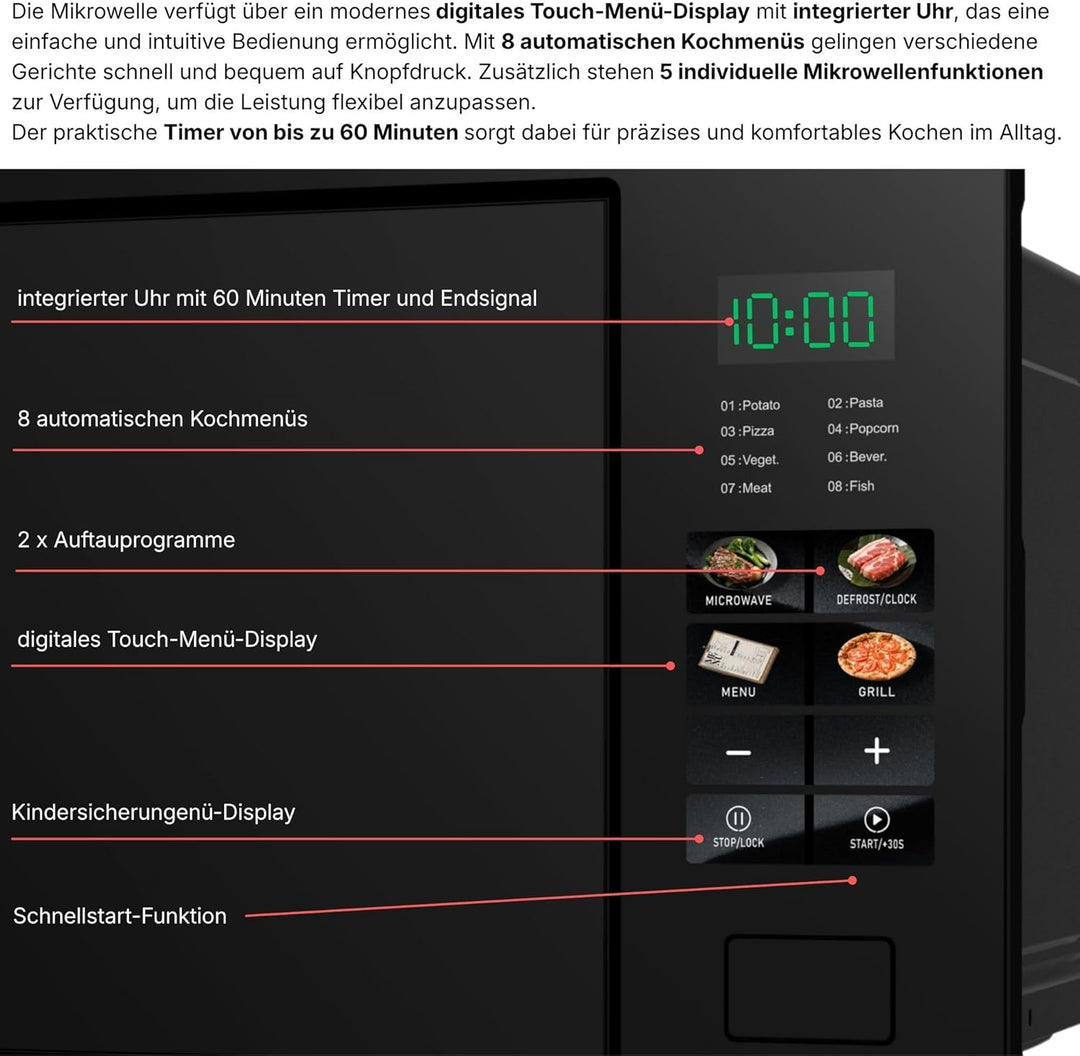 Einbaumikrowelle 60 cm | Einbau Mikrowelle 25 Liter | Full Touch | 1200W Grill | Glasrahmen | Edelst