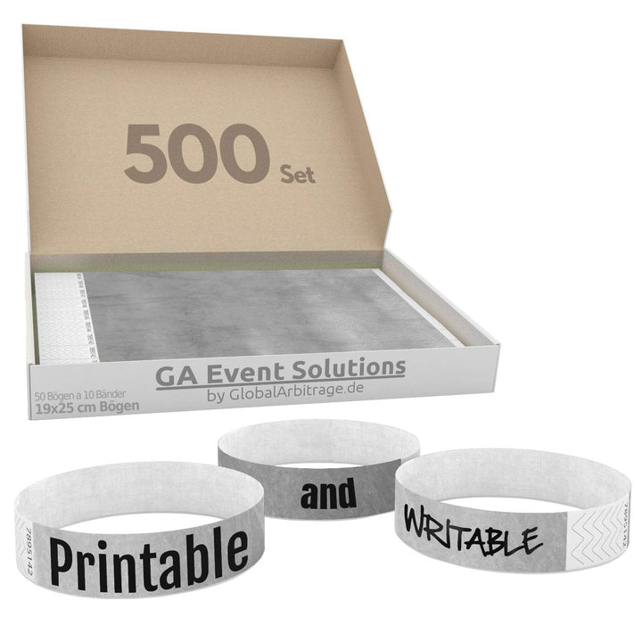 500 Eintrittsbänder aus Tyvek zum selbst gestalten und bedrucken in Silber von GA Event Solutions -