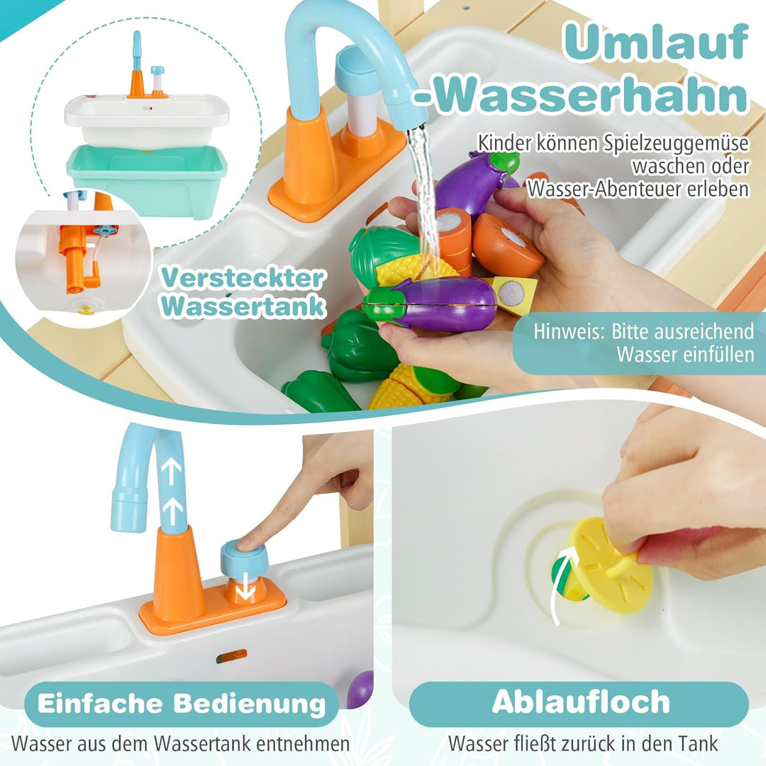 COSTWAY Matschküche Kinder Outdoor, Kinderküche Holz mit Wasserhahn & Grill, inkl. Holzspiessen, Leb