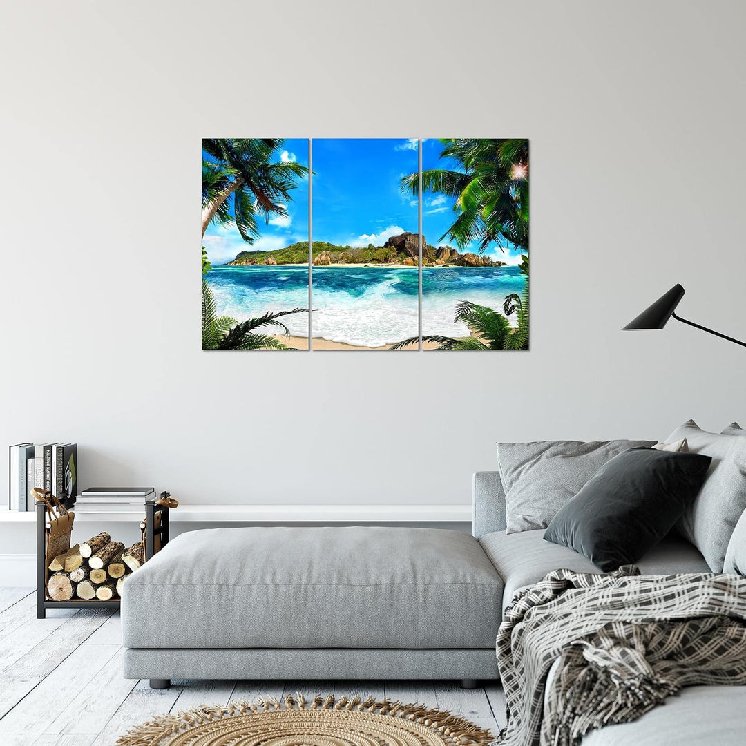 Runa Art Wandbilder Meer Strand Bild XXL Wohnzimmer Schlafzimmer Blau Palme Meer 120 x 80 cm 3 Teili
