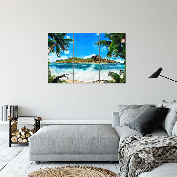 Runa Art Wandbilder Meer Strand Bild XXL Wohnzimmer Schlafzimmer Blau Palme Meer 120 x 80 cm 3 Teili