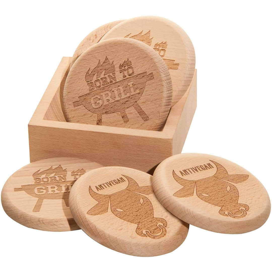 Spruchreif · Bierdeckel Holz · 2in1 Untersetzer und Deckel · 6er Set Glasabdecker inkl. Holz-Ständer