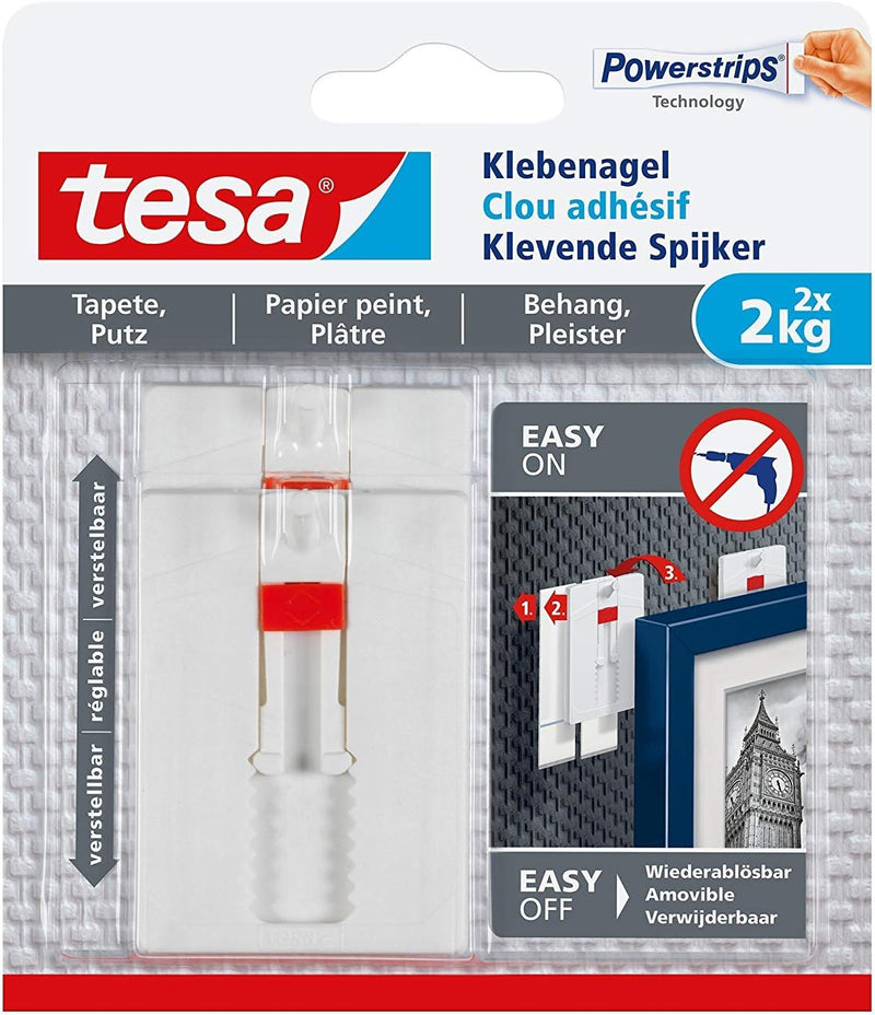 tesa Verstellbarer Klebenagel (für Tapeten und Putz 2 kg, Höhenverstellbarer, selbstklebender Wandna