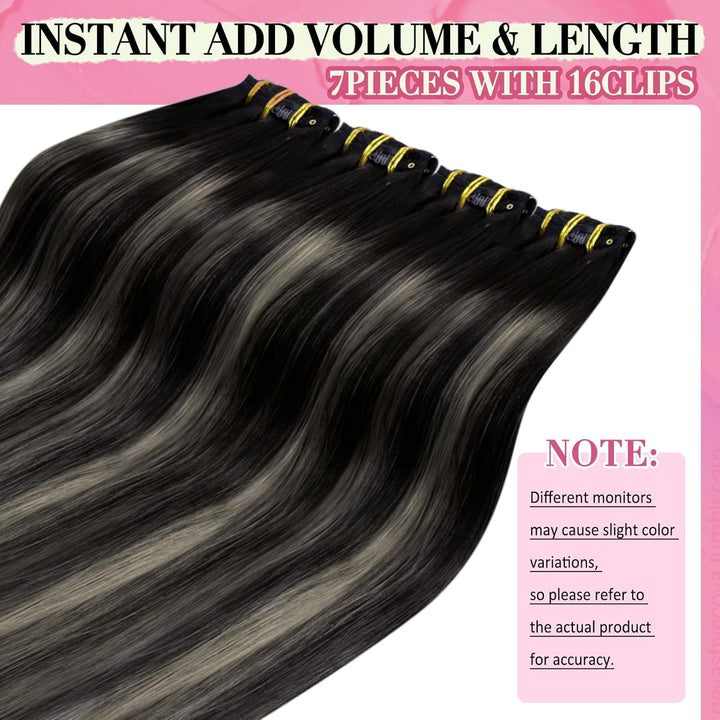 YoungSee Echthaar Extensions Clip Ombre Schwarz 7 Stück 30cm Clip in Extensions Echthaar Schwarz Bal
