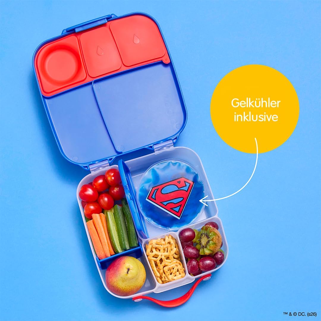 b.box Superman Brotdose | Grosse Bento-Box mit 4 Fächern (2 auslaufsicher), herausnehmbarer Trenner,