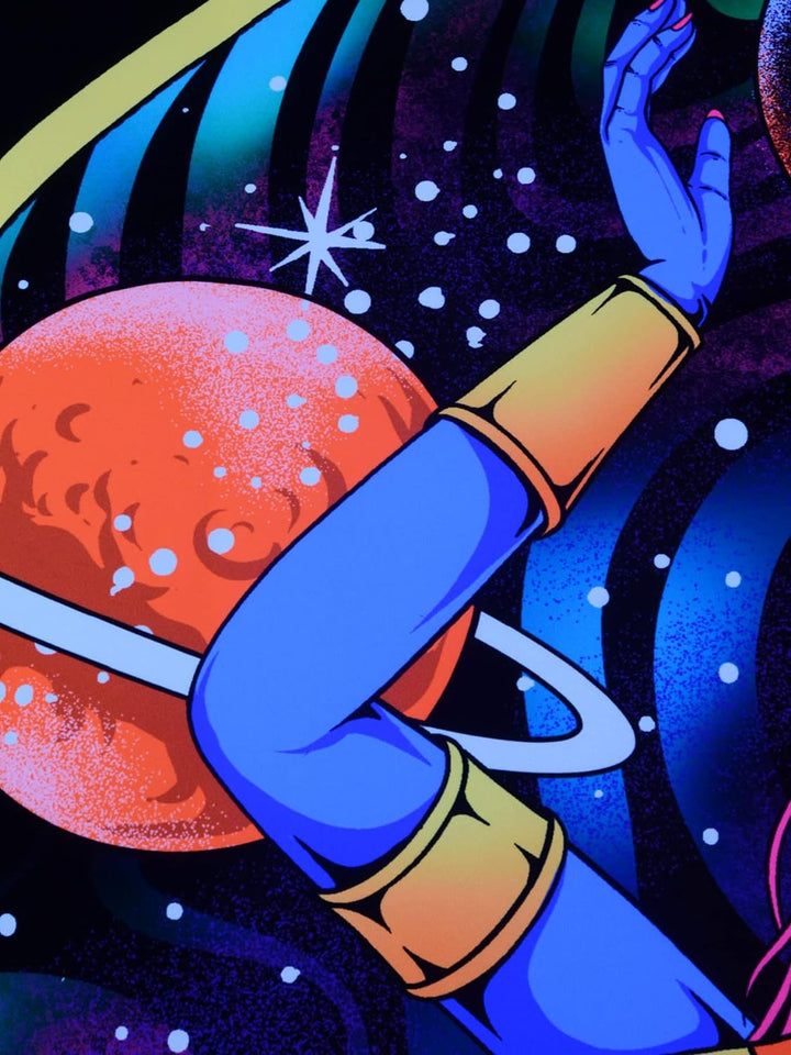 PSYWORK Schwarzlicht Stoffposter Neon Godness | 1,5 x 2,25m | UV-aktiv | fluoreszierend | Wandbehang