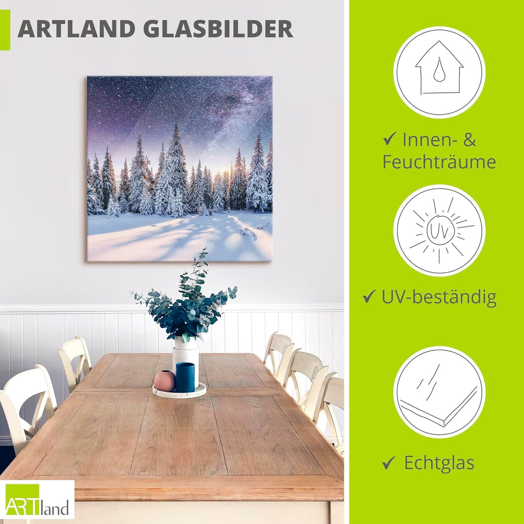 Glasbilder Wandbild Glas Bild einteilig 50x50 cm Quadratisch Winterlandschaft Wald Tannenbaum Natur
