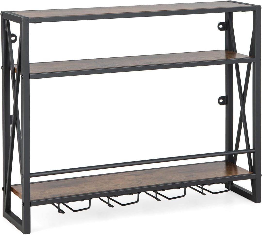 COSTWAY 3 Ebenen Weinregal Wand, Flaschenregal Holz mit Metallrahmen, mit 4 Reihen Weingläserhalter,