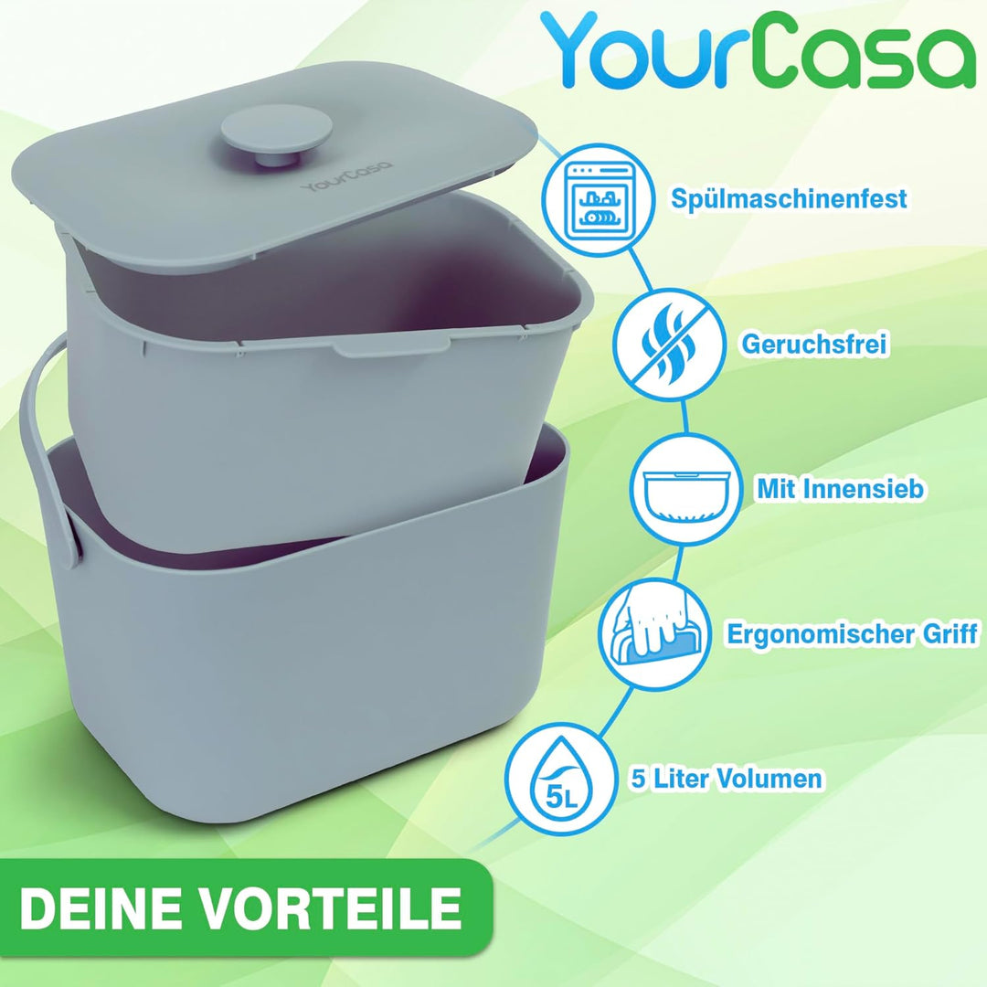 YourCasa Biomülleimer Küche 5L - Komposteimer für alltäglichen Biomüll Behälter - Spülmaschinenfest