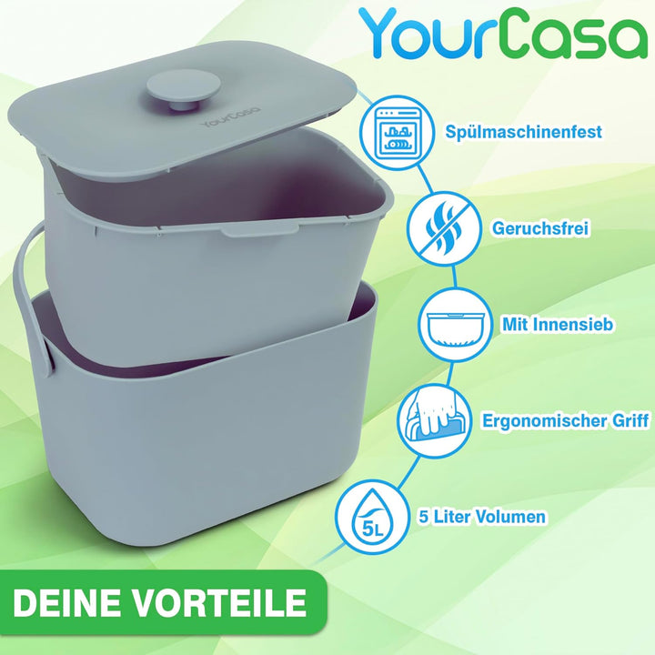 YourCasa Biomülleimer Küche 5L - Komposteimer für alltäglichen Biomüll Behälter - Spülmaschinenfest