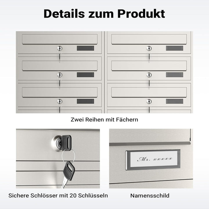 Wiltec 10er Briefkastenanlage Edelstahl 945 x 270 x 1500 mm, Standbriefkasten mit 2x5 Fächern, Schlü