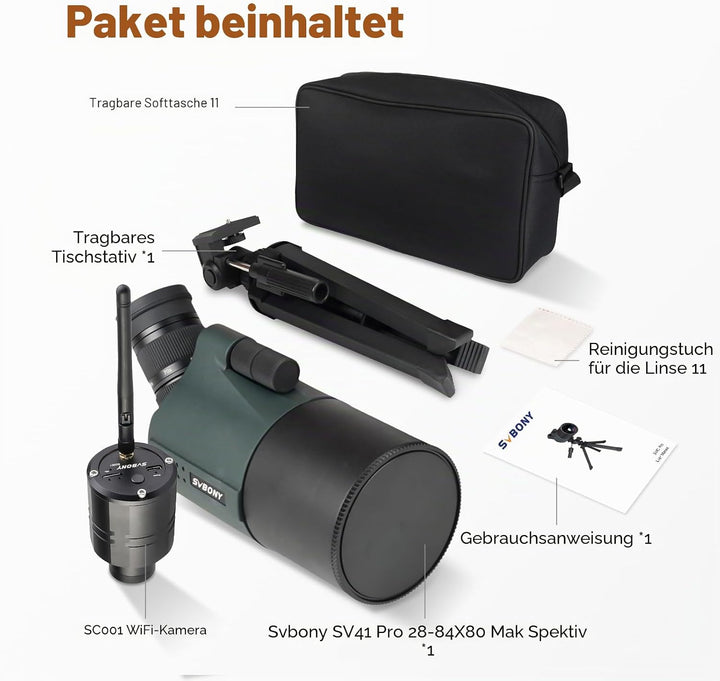 Svbony SV41Pro Mak Spektiv mit SC001 WLAN Kamera Digiscoping, 28-84X80 Mak Telescope FMC Dual Speed