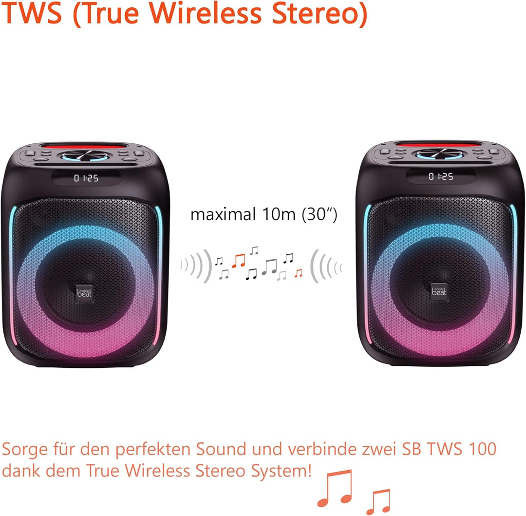 Mobile Beat SB-TWS 100 BT Soundbox, bis zu 7h Laufzeit, LED-Lichtefeekte, praktischer Tragegriff, Ak