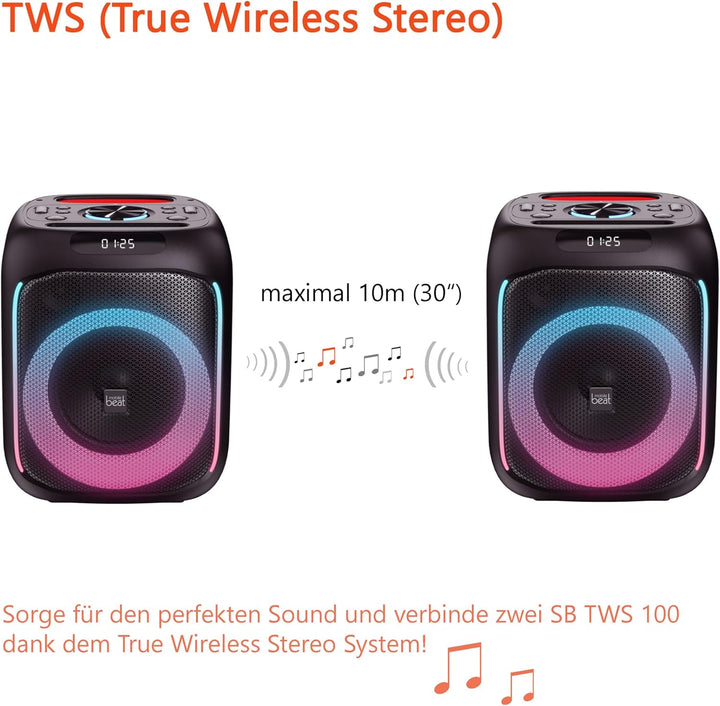 Mobile Beat SB-TWS 100 BT Soundbox, bis zu 7h Laufzeit, LED-Lichtefeekte, praktischer Tragegriff, Ak