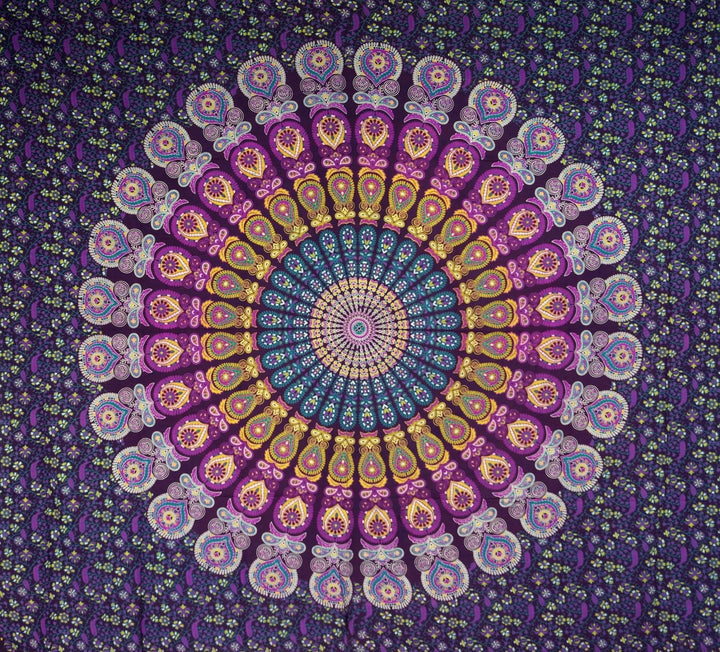 GURU SHOP Boho-Style Wandbehang, Indische Tagesdecke Mandala Druck- Blau/lila, Violett, Baumwolle, 2