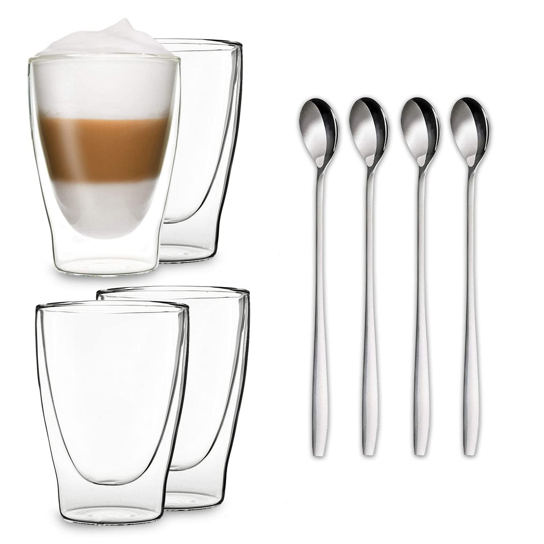 DUOS® Latte Macchiato Gläser 4x 400ml + 4x Löffel, Cappuccino Tassen, Eiskaffee Doppelwandige Kaffee