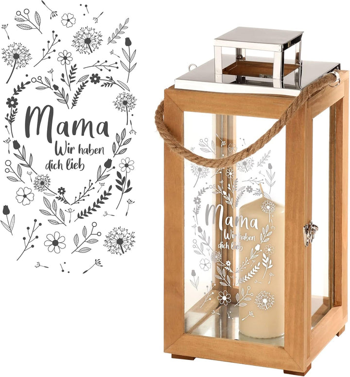 Casa Vivente Laterne aus Holz und Edelstahl mit Gravur für Mama, Ich Habe Dich lieb, Deko-Windlicht