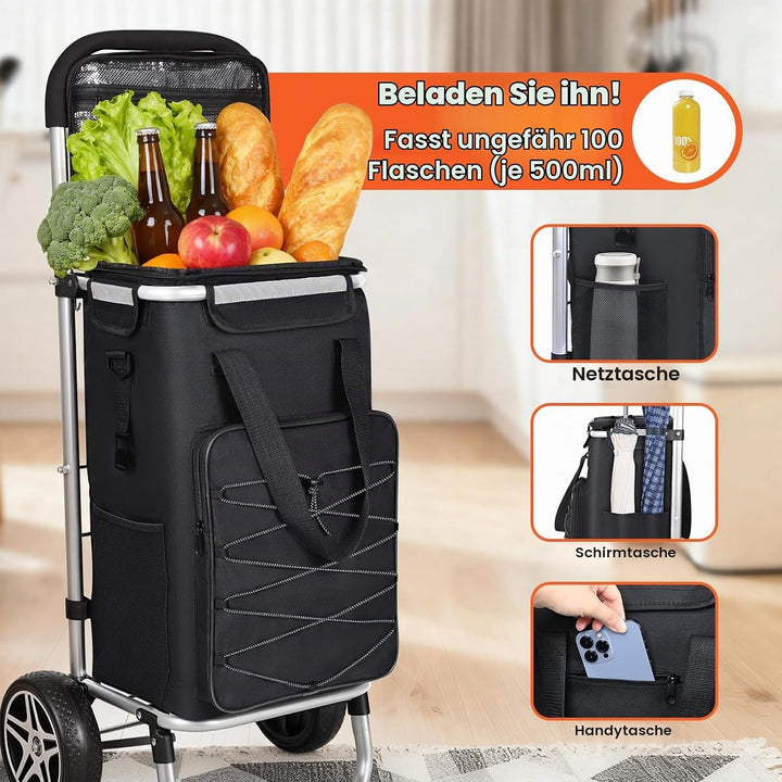 YEAUPE PRO 3in1 Einkaufstrolley mit Kühlfach, 50L Einkaufsroller mit Abnehmbarer Tasche, Max. 25kg B