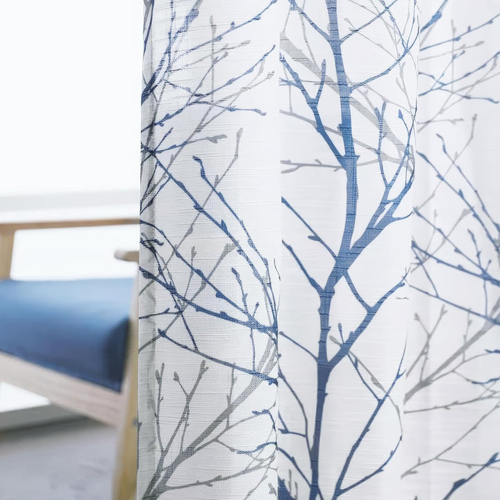 FMFUNCTEX Bedruckte Vorhänge für Schlafzimmer, 160 cm, Grauer Baumzweig, Druck auf Leinenstruktur, F