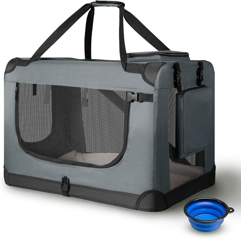 Juskys Hundetransportbox Lassie L (grau) faltbar - 50 x 70 x 52 cm - Reisebox mit Decke, Tasche & Gr