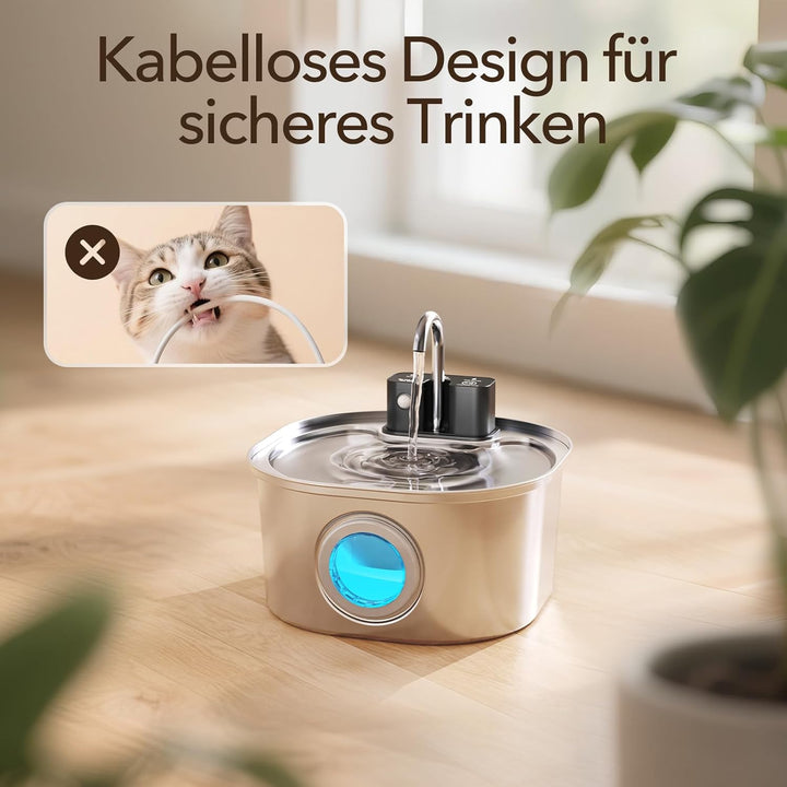 Voluas Edelstahl Katzenbrunnen - Drahtloser Haustierbrunnen mit Batteriebetrieb, 108oz/3,2L, Automat