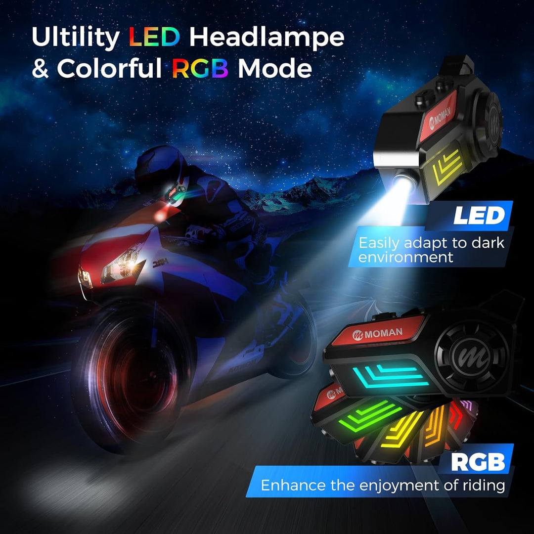 Moman Motorrad Helm Headset, H4S mit【LED Scheinwerfer & RGB】 Motorcycle Kopfhörer mit Knopf-Design A