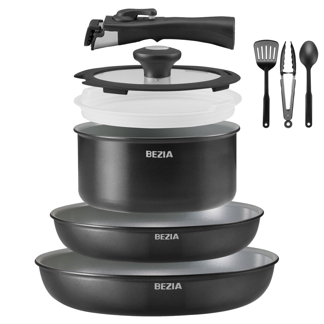 BEZIA Keramik Pfannenset mit Abnehmbarem Griff - 9 Teilig Topfset Induktion, Antihaft Pfanne mit Dec