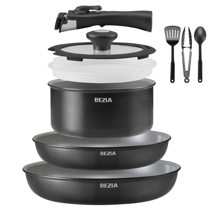 BEZIA Keramik Pfannenset mit Abnehmbarem Griff - 9 Teilig Topfset Induktion, Antihaft Pfanne mit Dec