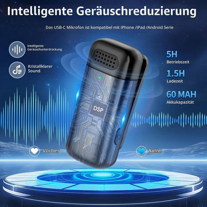 Kabelloses Mikrofon mit Ladehülle für iPhone, iPad, Android, USB-C Lavalier Mikrofon Rauschunterdrüc