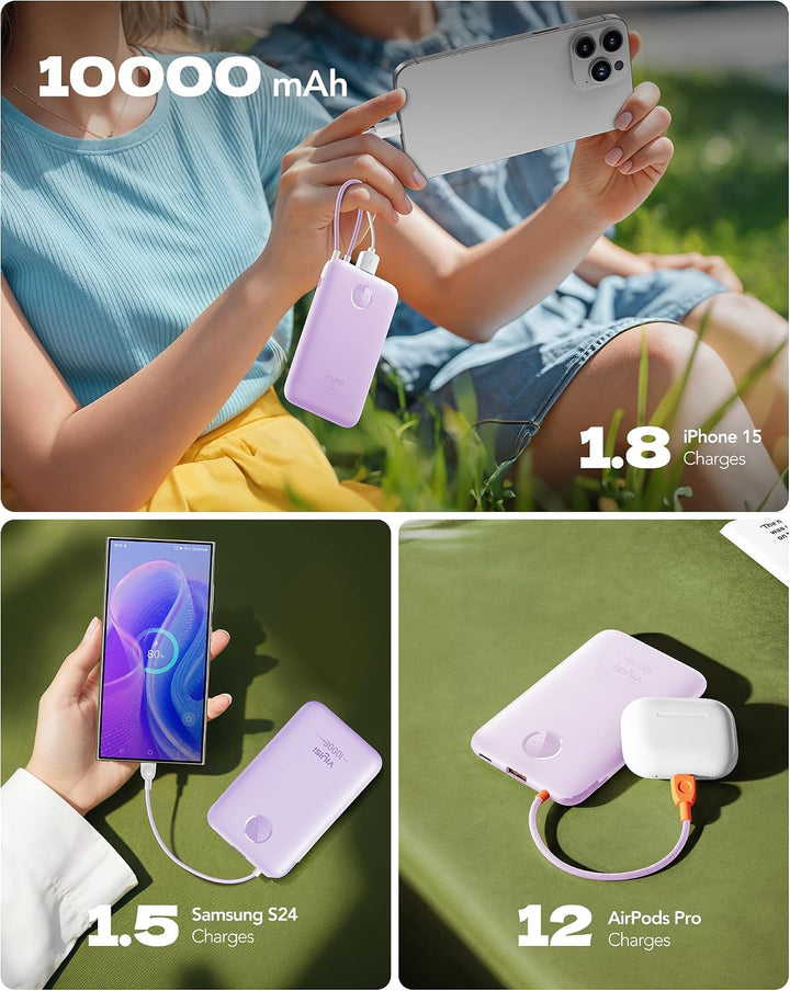 VIYISI Powerbank 10000mAh Ultradünn, 22.5W PD 20W Fast Charge mit Integriertem USB-C Kabel, LED-Anze