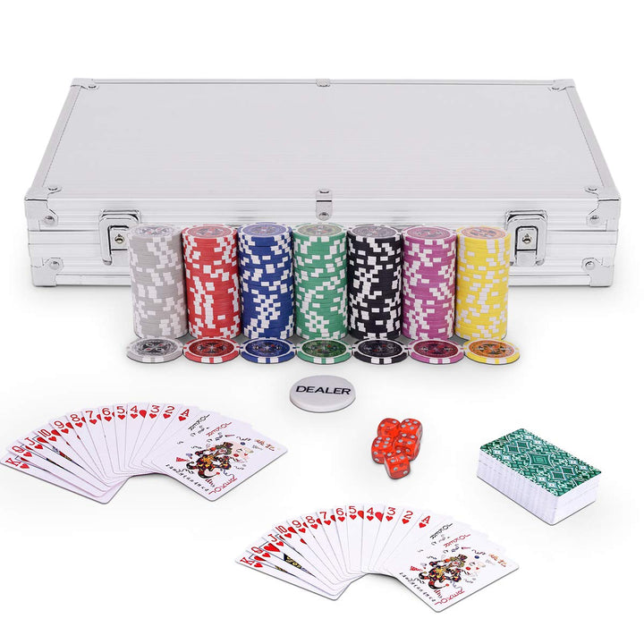 GOPLUS Pockerkoffer Pockerset 300 Chips Pockerchips Pocker Set mit Würfel Pokerkarten (Silber), Silb