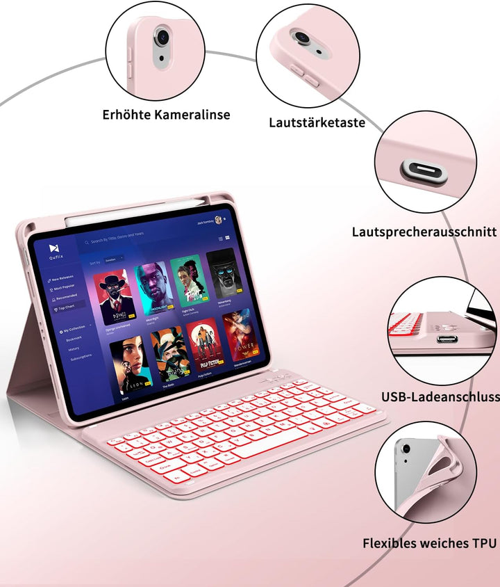 Hülle mit Tastatur für iPad A16 11/10 Generation (2025/2022, 11/10.9 Zoll) 7-Farben Beleuchtung Magn