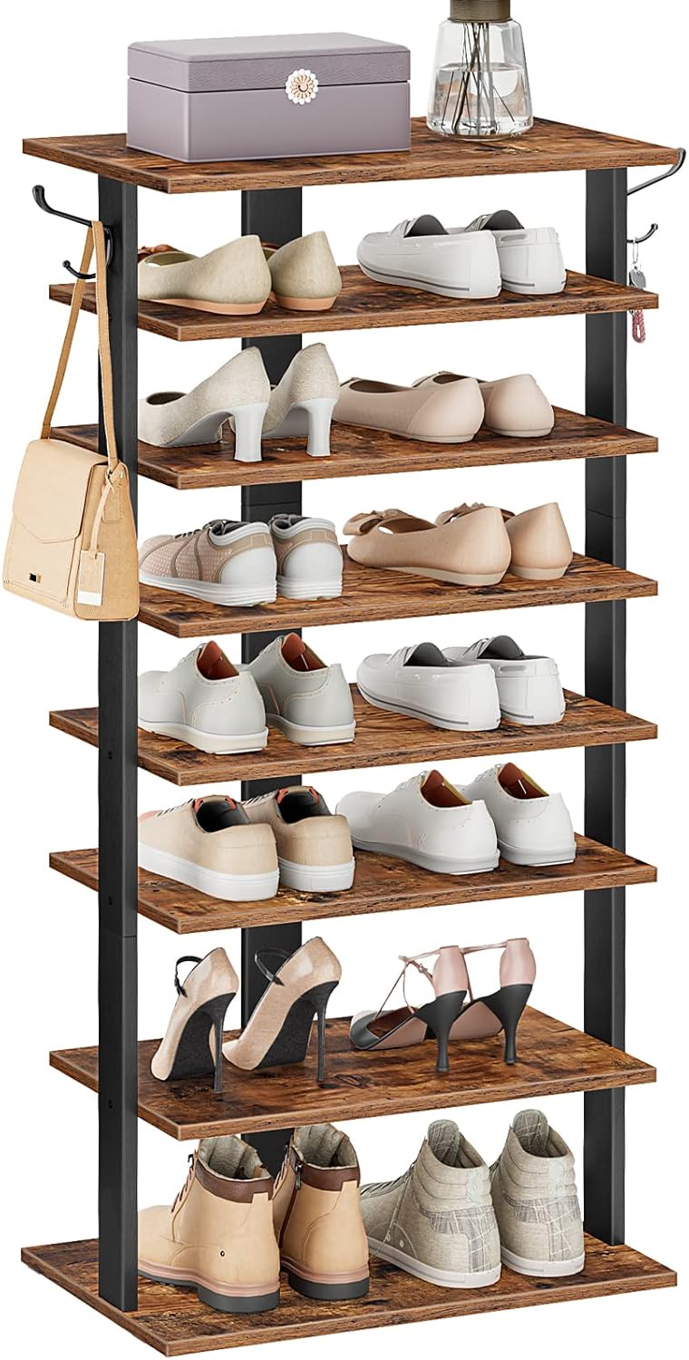 HOOBRO 8-lagiges Schuhregal, schmales Schuhablage, 50 cm Schuhschrank mit 2 Haken, Ablagegestelle, p