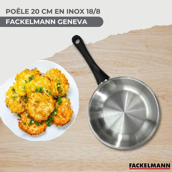 Fackelmann 9445350 Pfannenset 20 cm aus Edelstahl 18/8, Glasdeckel und 6 Edelstahlutensilien, Bratpf
