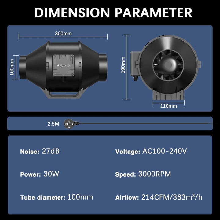 Aygrochy Rohrventilator100mm,EC motor Rohrlüfter Ausgestattet mit Steckdose,die über Timer,nachlauf