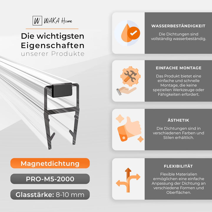 WAKA® Premium SET Magnet - Duschdichtung & Duschtür PRO-M5 Duschdichtungen für Duschtüren Optisch Tr