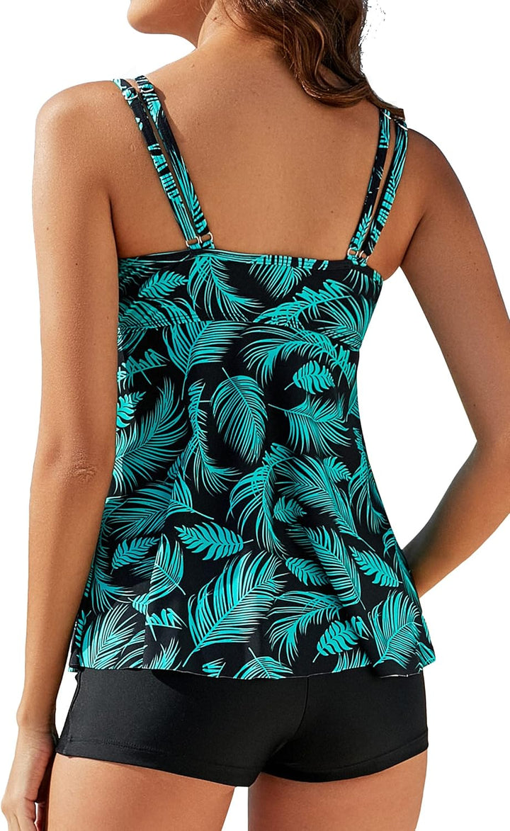 VILOREE Damen Tankini Set Figuroptimizer Zweiteilig Blumen Bademode Mit Hotpants M Grüne Blätter (N9
