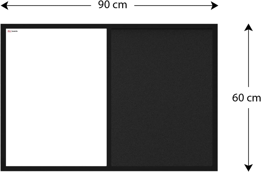 ALLboards Kombitafel 2 in 1 Magnettafel & Schwarz Kork-Pinnwand 90x60cm, Holzrahmen Schwarz lackiert