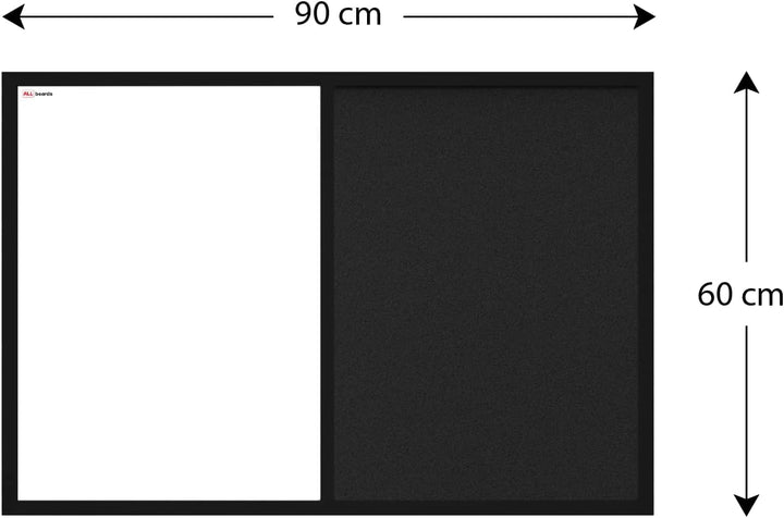 ALLboards Kombitafel 2 in 1 Magnettafel & Schwarz Kork-Pinnwand 90x60cm, Holzrahmen Schwarz lackiert