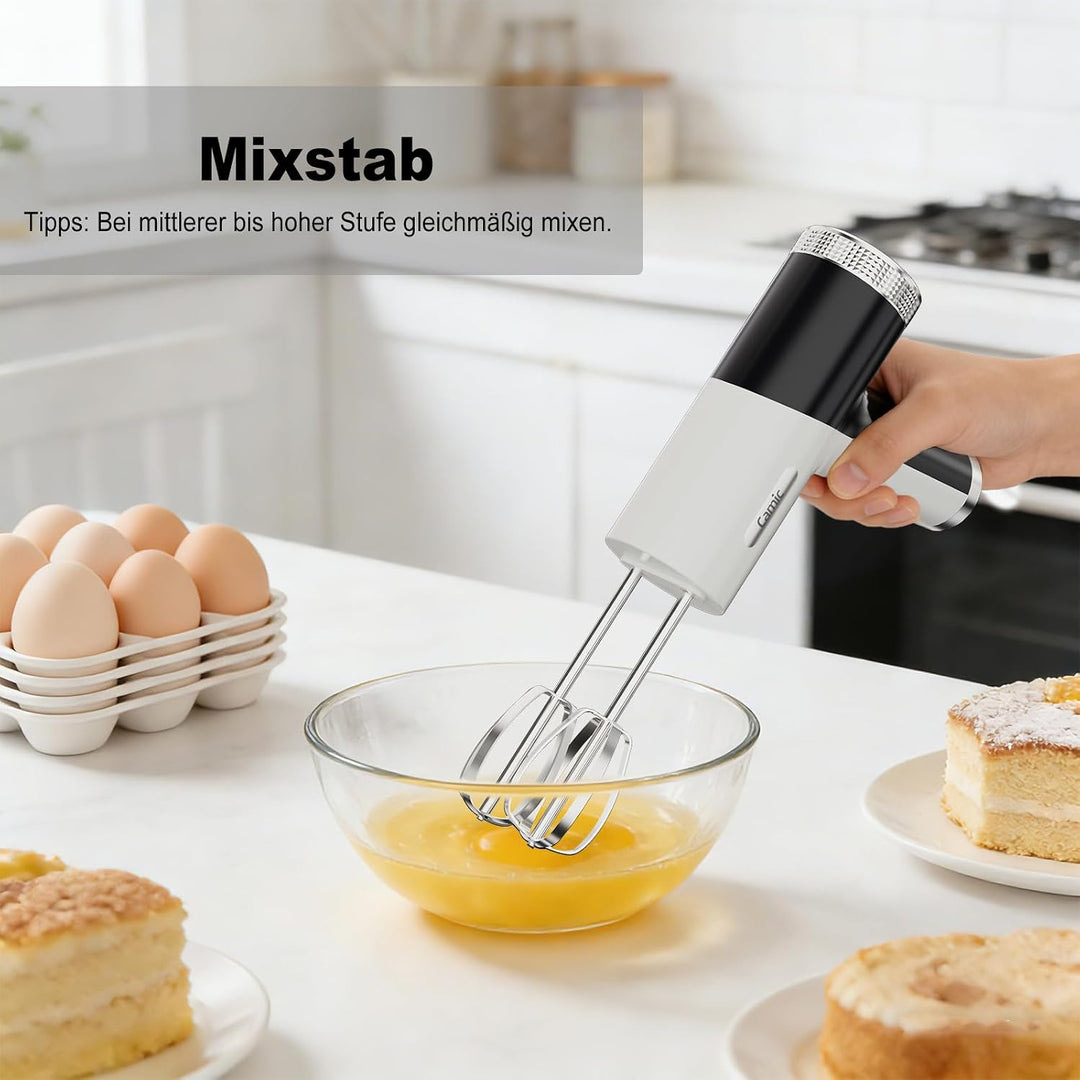 Camic Handmixer mit 9 Geschwindigkeitsstufen, Kabelloser Elektrisch- Handrührgerät mit Schneebesen,