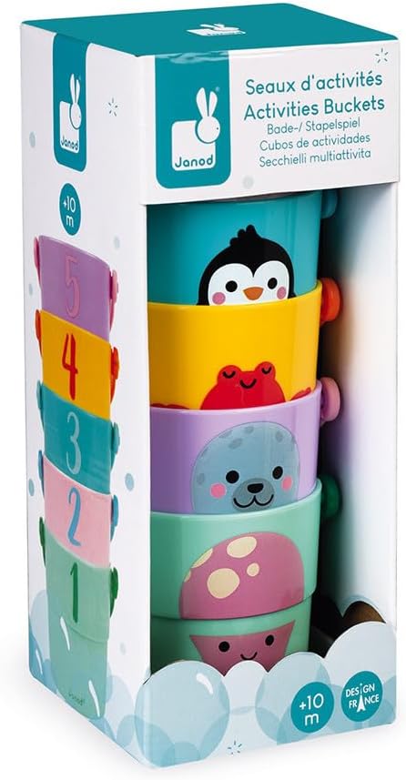 Janod - 5 Spieleimer für die Badewanne - Baby- und Kleinkindspielzeug - Handhabung und Geschicklichk
