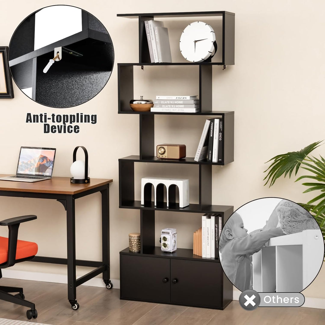 HOMASIS Bücherregal mit 5 Ebenen, Standregal mit Schrank & 2 Türen, Aufbewahrungsregal aus Holz, Wan